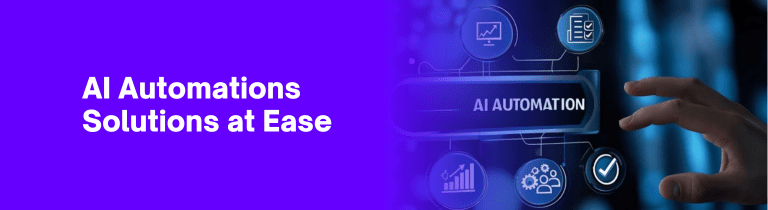 A hand points to a digital interface with icons and the text “AI AUTOMATION”; on the left, bold white text reads “AI Automations Solutions at Ease” on a purple background.