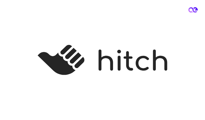 A black icon of a hand with a thumb extended, resembling a hitchhiking gesture, appears next to the word hitch in lowercase black letters on a white background. A small purple ae logo is in the top right corner.