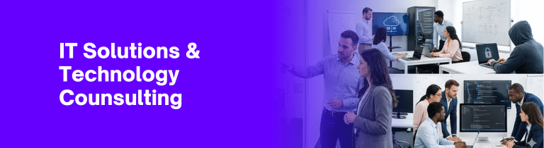 IT Solutions & Technology Consulting text on a purple background, with images of business professionals collaborating and discussing technical information in a modern office setting.