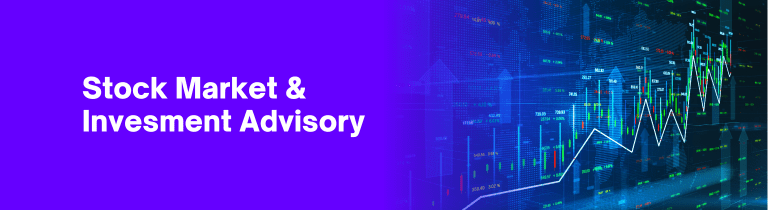 Purple banner with white text reading Stock Market & Investment Advisory on the left, and a digital graph with stock market data and rising lines on the right.