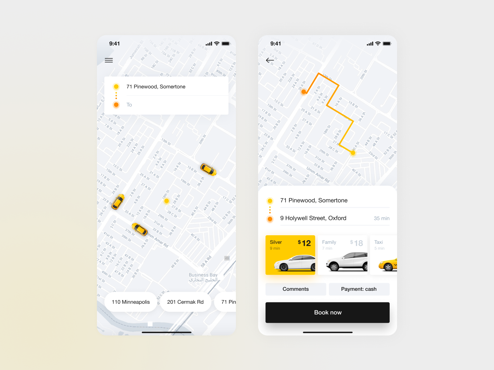 Two smartphone screens display a taxi booking app. The left screen shows nearby taxis on a map and an address input field. The right screen shows a route, car options, trip info, and a Book now button.